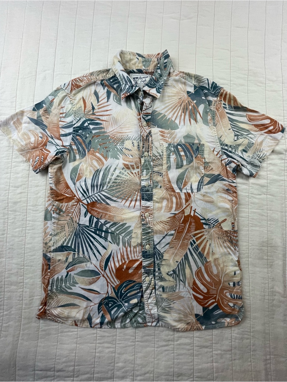 American Eagle Men's Short Sleeve Cotton Linen Tropical Print Button-Up Shirt S